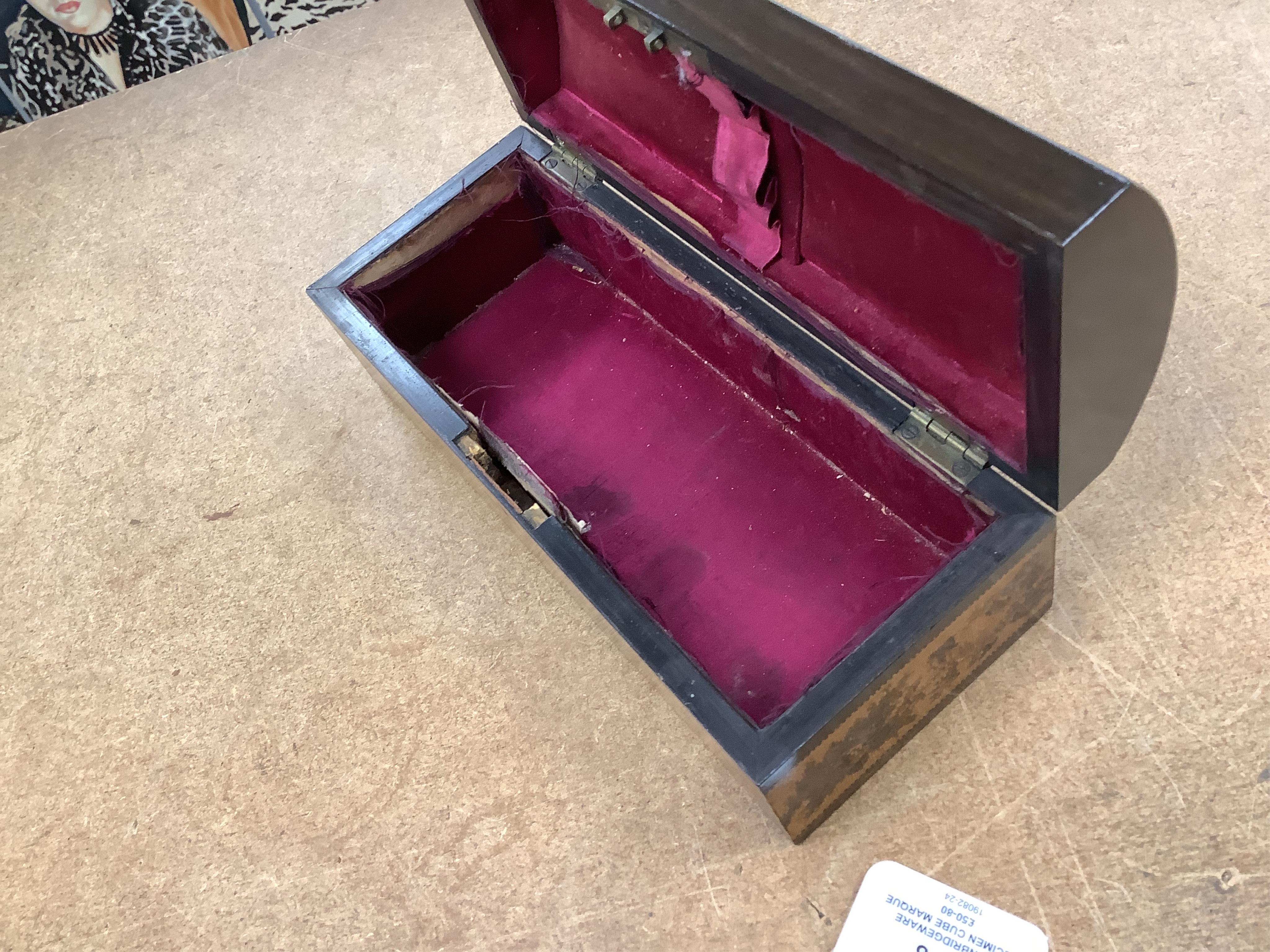 A Tunbridgeware specimen cube marquetry and Tesserae Mosaic domed glove box, c.1840, with silk lining, 24cm wide